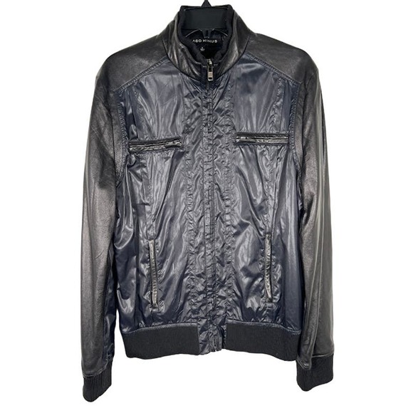 In Add Minus Men's Leather Contrast Bomber Jacket L Black Full Zip Lined Pockets - Picture 1 of 10